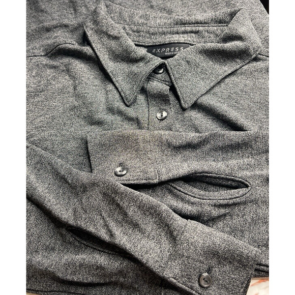 Express Stretch Button Front Shirt Top LARGE Heathered Gray Collared Long Sleeve - Picture 6 of 8